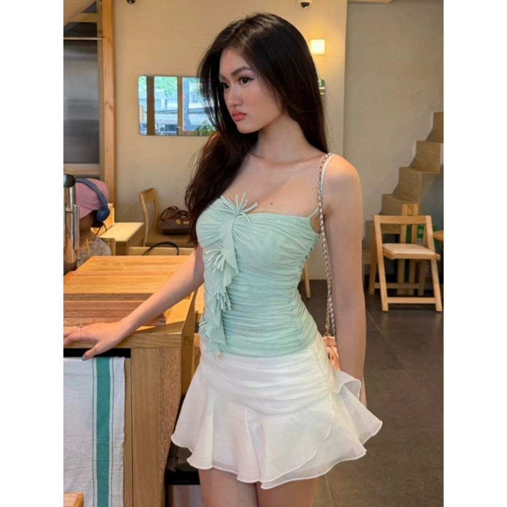 Zara Summer Ruffle Ruched Tube Top Y2K Strappy Camisole